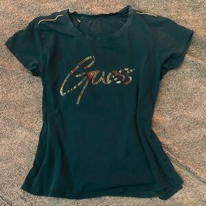 GUESS Teal Short Sleeve Logo Tee with Metallic Accents